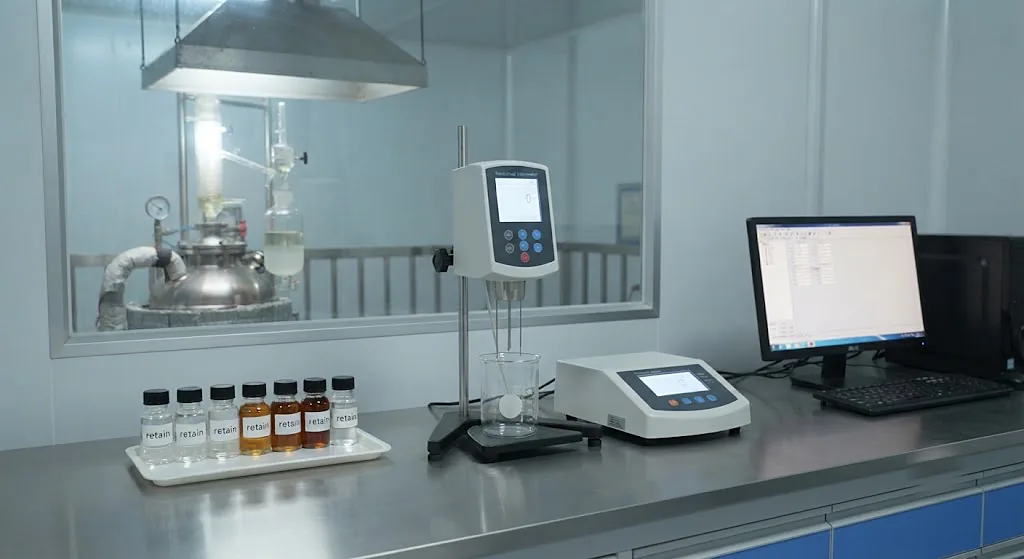 Quality-control bench with resin samples, a viscometer and a colorimeter