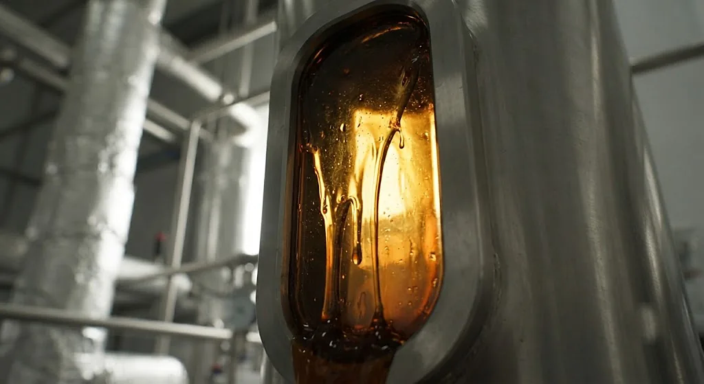 Amber phenolic resin running down the inside of a sight glass as it concentrates