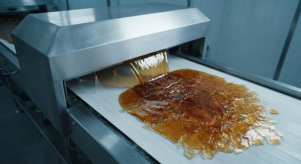 Cooling on the belt: Glassy amber sheet